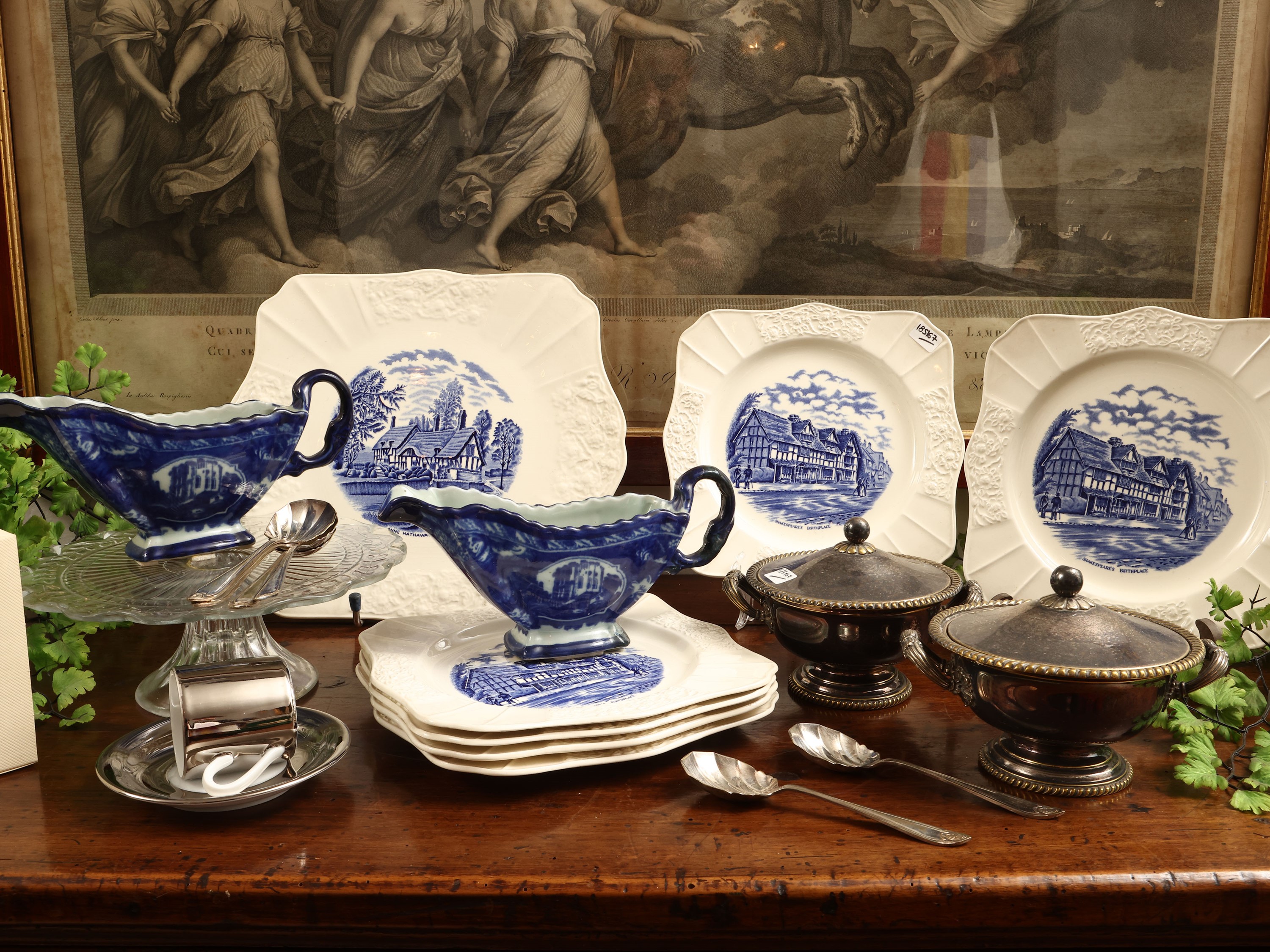 Accessori da brunch: Set di six piattini in porcellana con decorazione monocroma blu, tazzine da ...