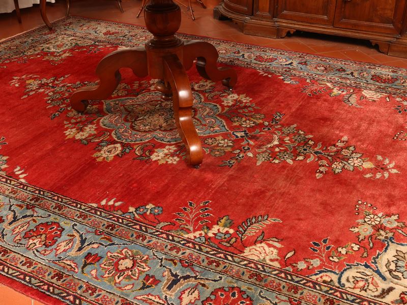 Tappeto persiano, cm 360x245, motivi floreali stilizzati su fondo rosso