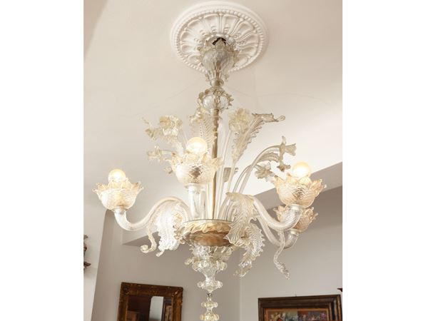 Lampadario in vetro soffiato incolore di Murano