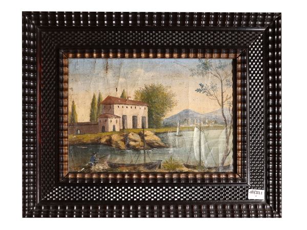 Paesaggio con casa e fiume