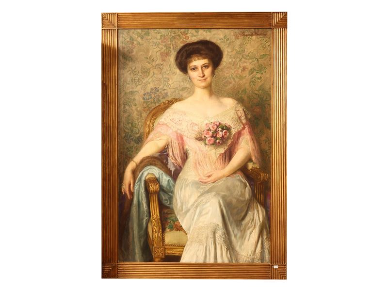 Ritratto di giovane nobildonna in abito bianco con bouquet di rose