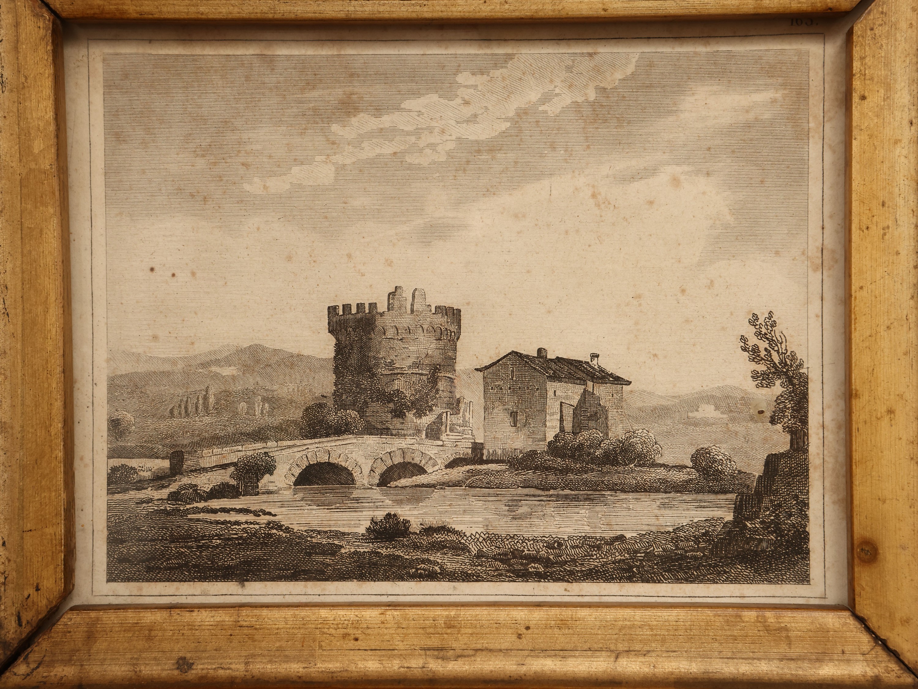 Scuola Romana del XIX Secolo - Campagna romana - Due incisioni in cornice dorata