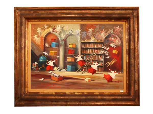 Norberto Martini : Chierichetti in biblioteca  - Asta Stravaganze fiorentine: tra fiaba e collezionismo - Maison Bibelot - Casa d'Aste Firenze - Milano