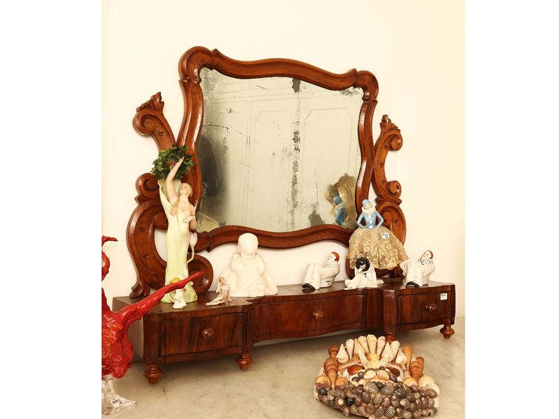 Specchiera a psiche da toilette in noce e piuma di noce