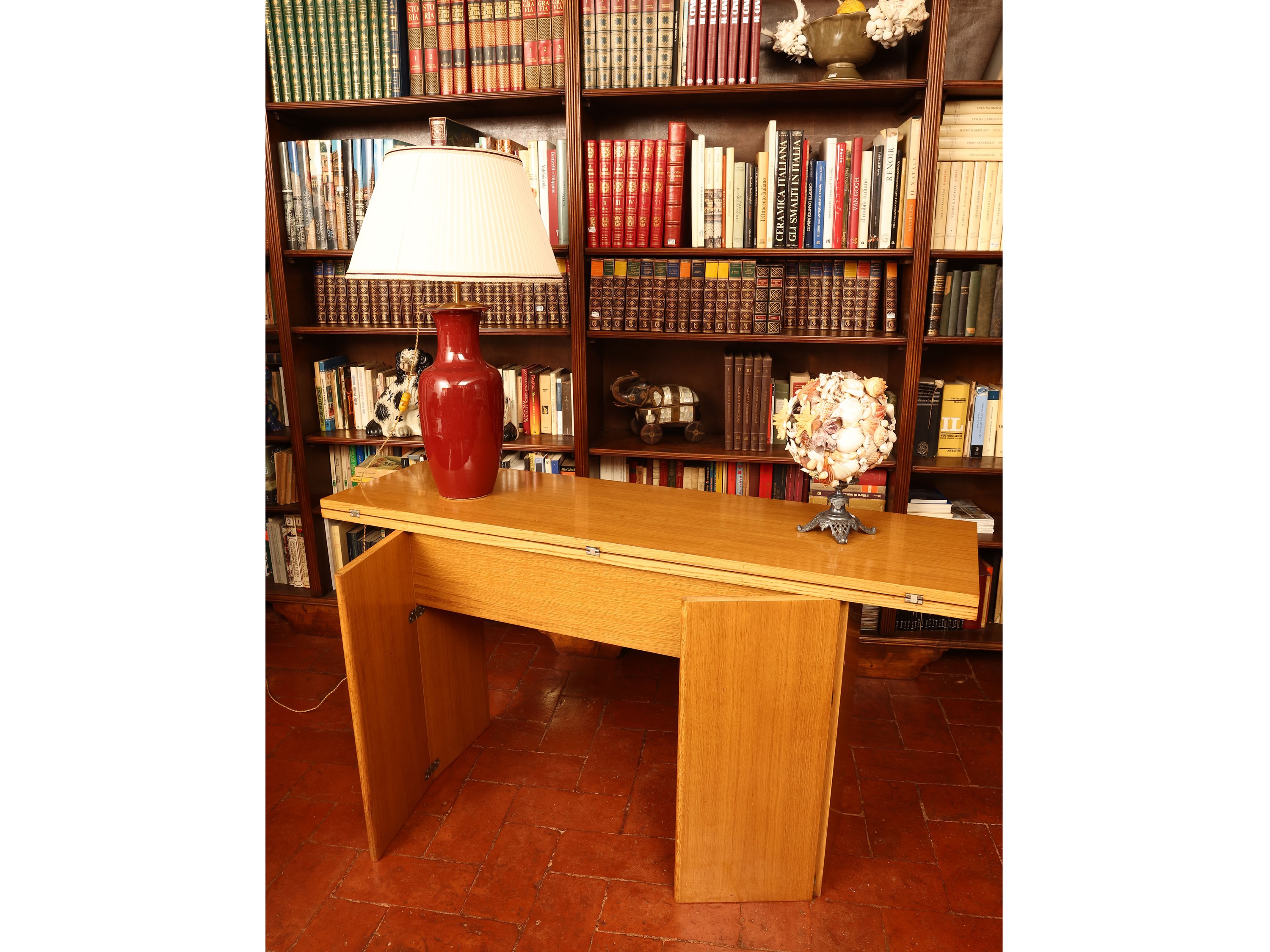 Console scrivania in satinwood, piano a libro, h 75 x 150 x 90 cm