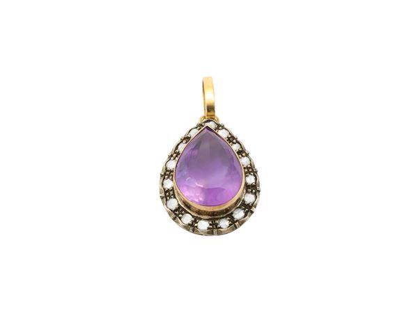 Pendente in oro 14Kt, argento, rose di diamante  e ametista