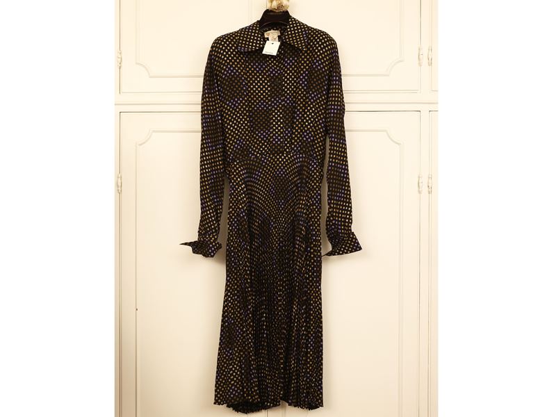Gucci - Abito in seta plissé a pois colorati su fondo nero