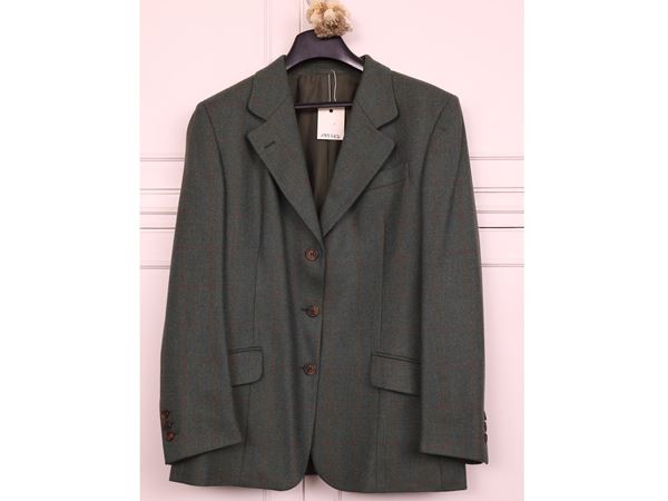 Giacca in tweed verde con motivo a quadri rossi, Principe