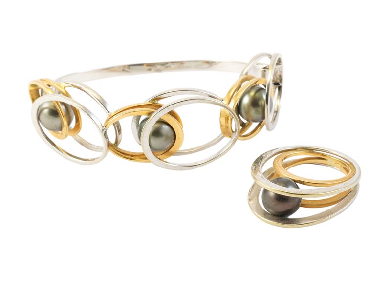 Demi parure in oro bianco, oro rosso e perle Tahiti