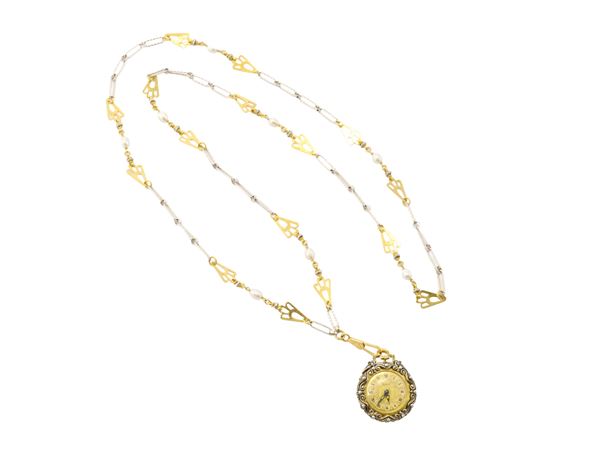 Pendant watch in yellow gold, silver, enamel and diamond roses with gold chain  - Auction Jewels and Watches - Maison Bibelot - Casa d'Aste Firenze - Milano