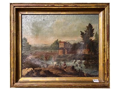 Scuola italiana di fine XIX secolo, Paesaggio fluviale con ponte e armenti