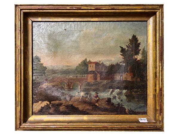 River landscape with bridge and herds