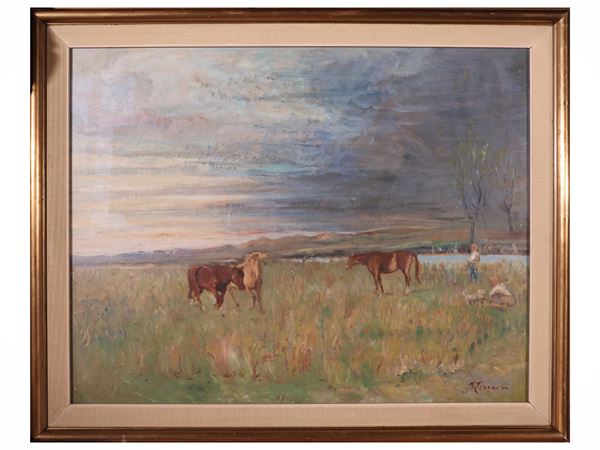 Scuola italiana del XX secolo : Paesaggio con cavalli  - Asta Déballage. Occasioni in asta - Maison Bibelot - Casa d'Aste Firenze - Milano