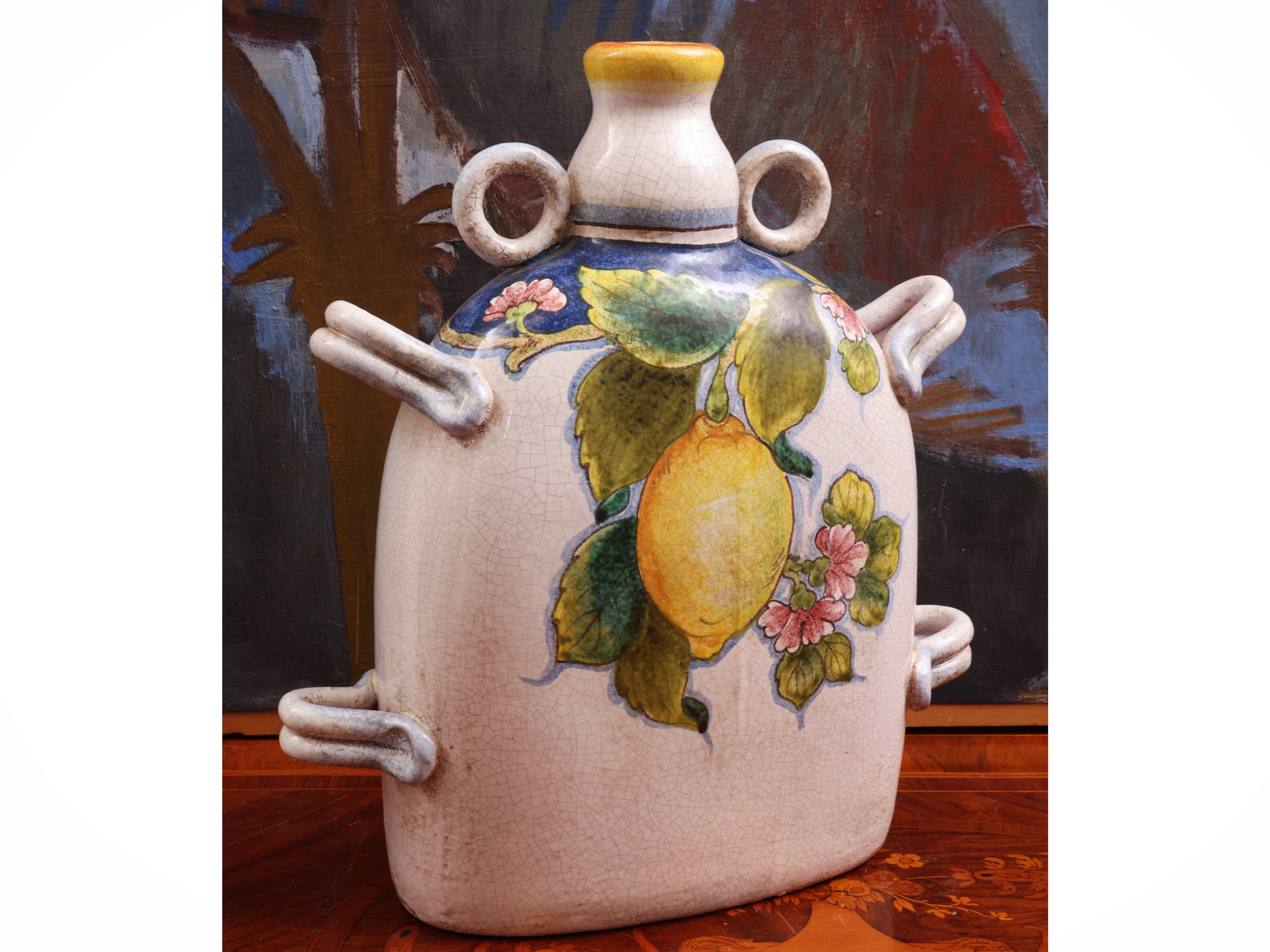 Grande fiasca in maiolica siciliana, dipinta con limoni, foglie e fiori