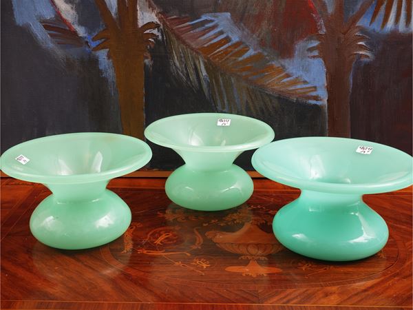 Three green opaline glass flower vases