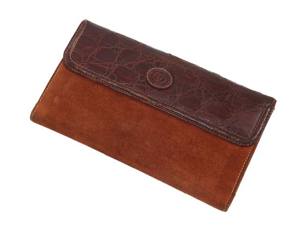 Gucci - Portafoglio in suede e pelle stampa cocco marrone bruciato