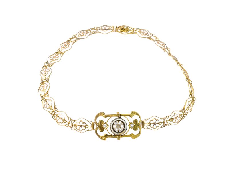 Collana girocollo in oro giallo 9Kt, smalto e diamanti