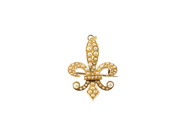 Spilla pendente, in oro 9Kt e microperle