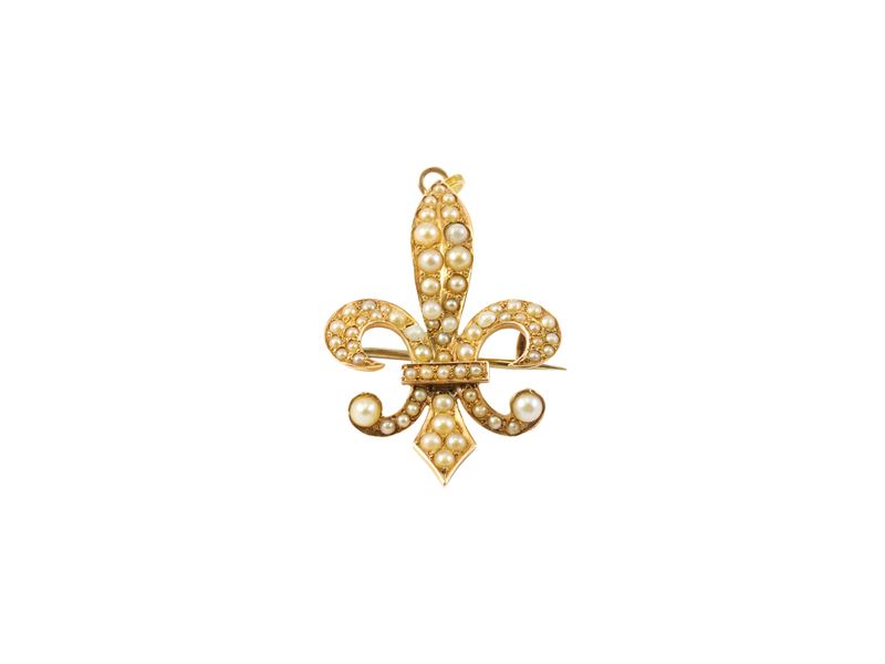 Spilla pendente, in oro 9Kt e microperle