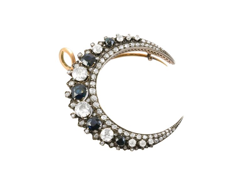 Spilla pendente in oro 14Kt, argento, diamanti e zaffiri