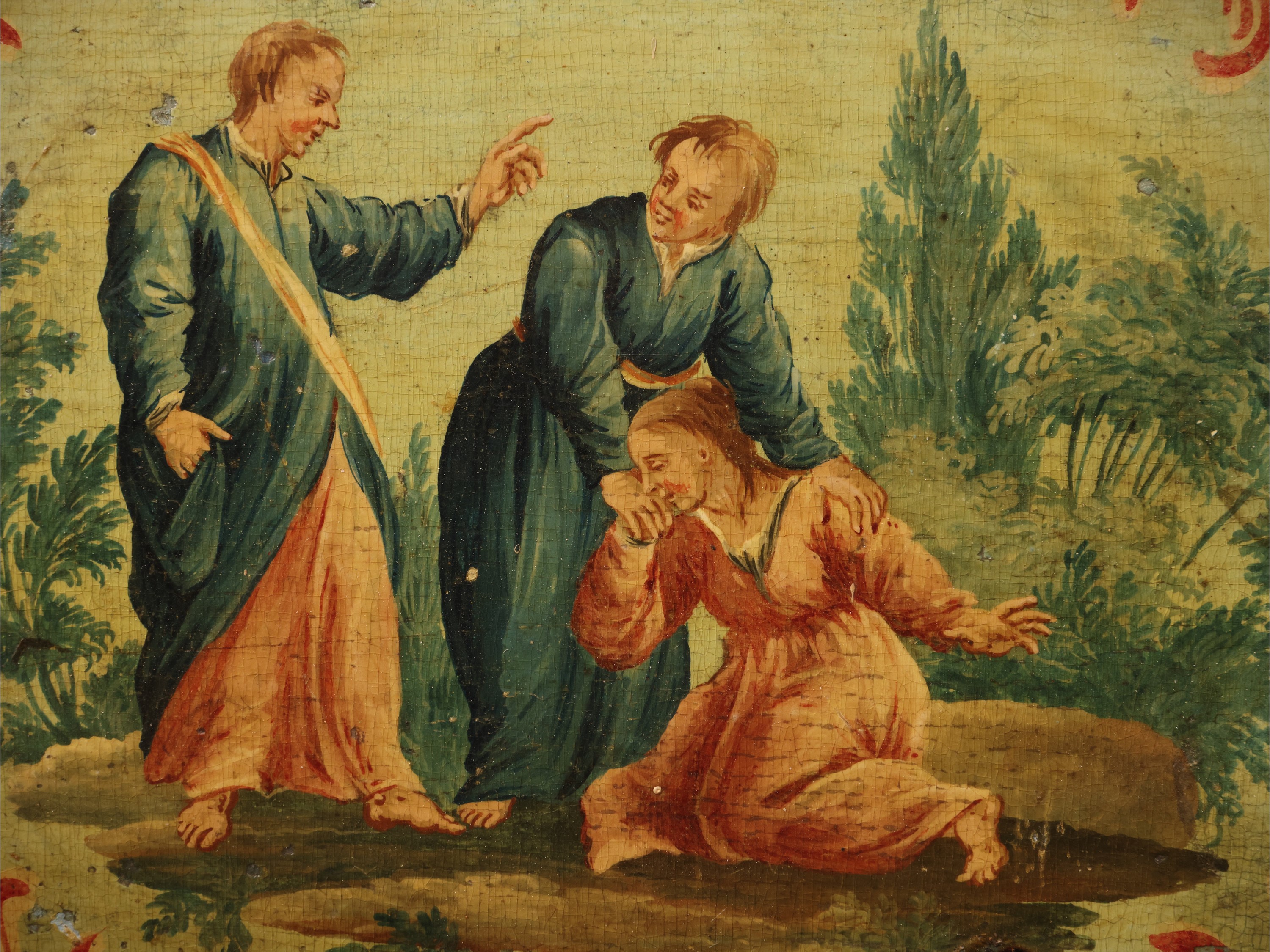 Vassoietto in legno laccato, decorazione pittorica a scena evangelica