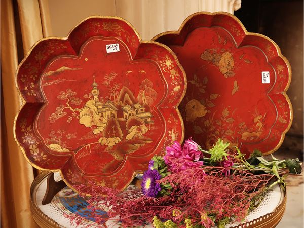 Pair of small red lacquer trays