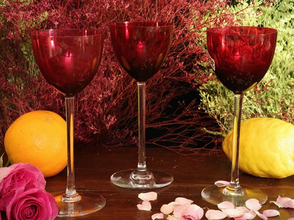 Series of six two-tone crystal glasses, Ruby model, Baccarat
