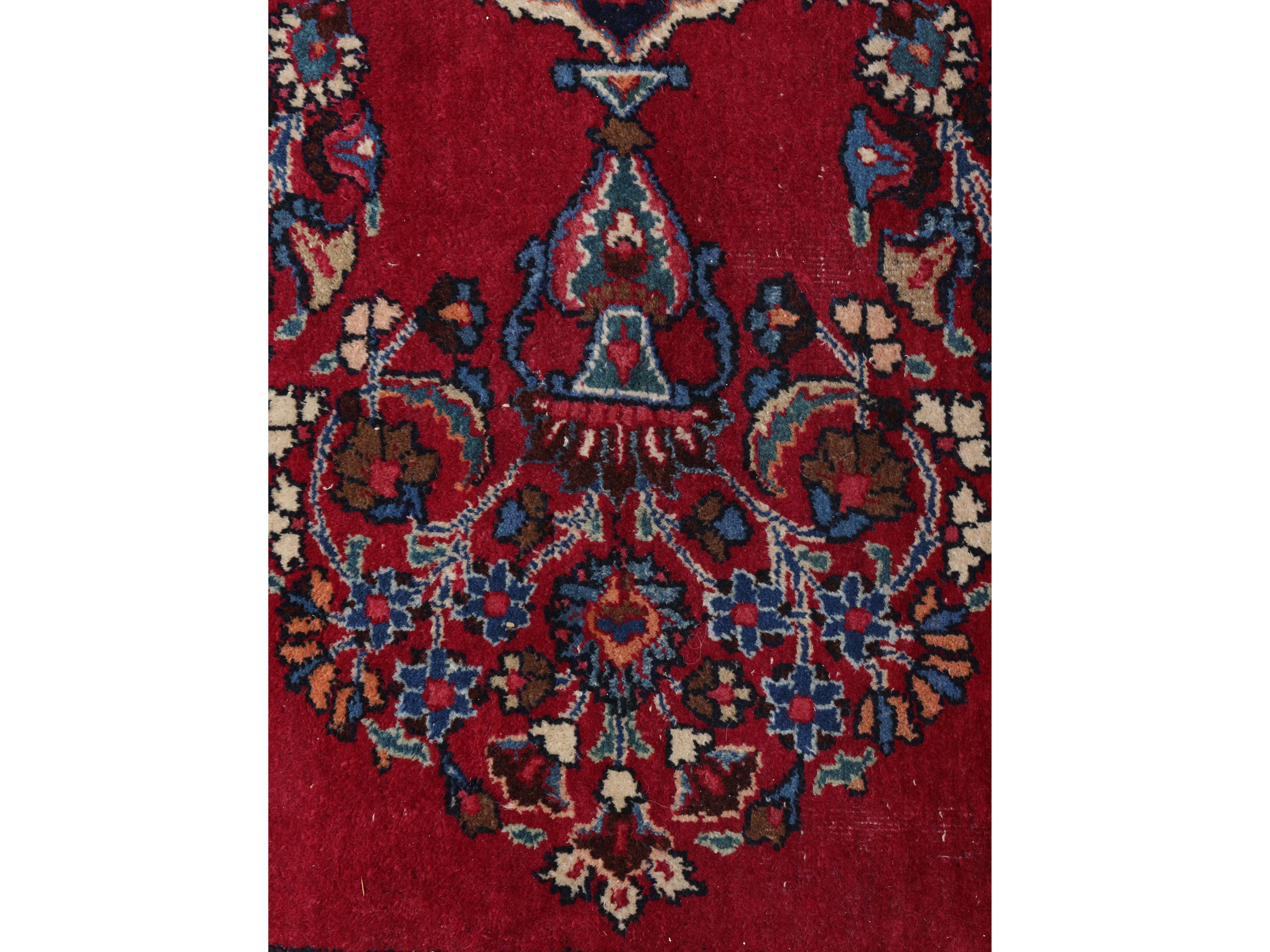 Grande tappeto persiano di vecchia manifattura, fondo rosso, cm 300x370