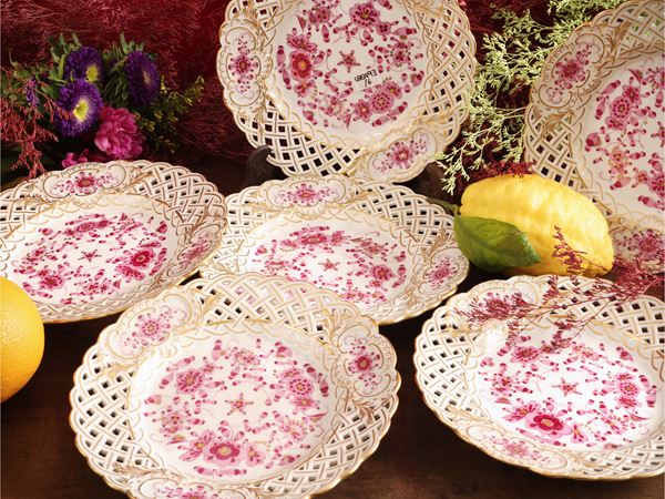 Serie di sei piattini da dolce in porcellana, decoro Indische Blumen, Meissen