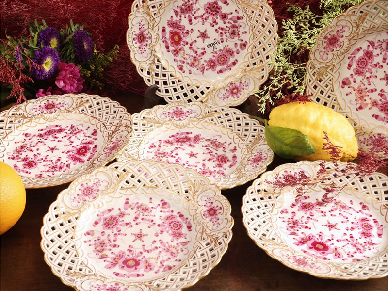 Serie di Sei Piattini da Dolce in Porcellana, Decoro Indische Blumen, Meissen