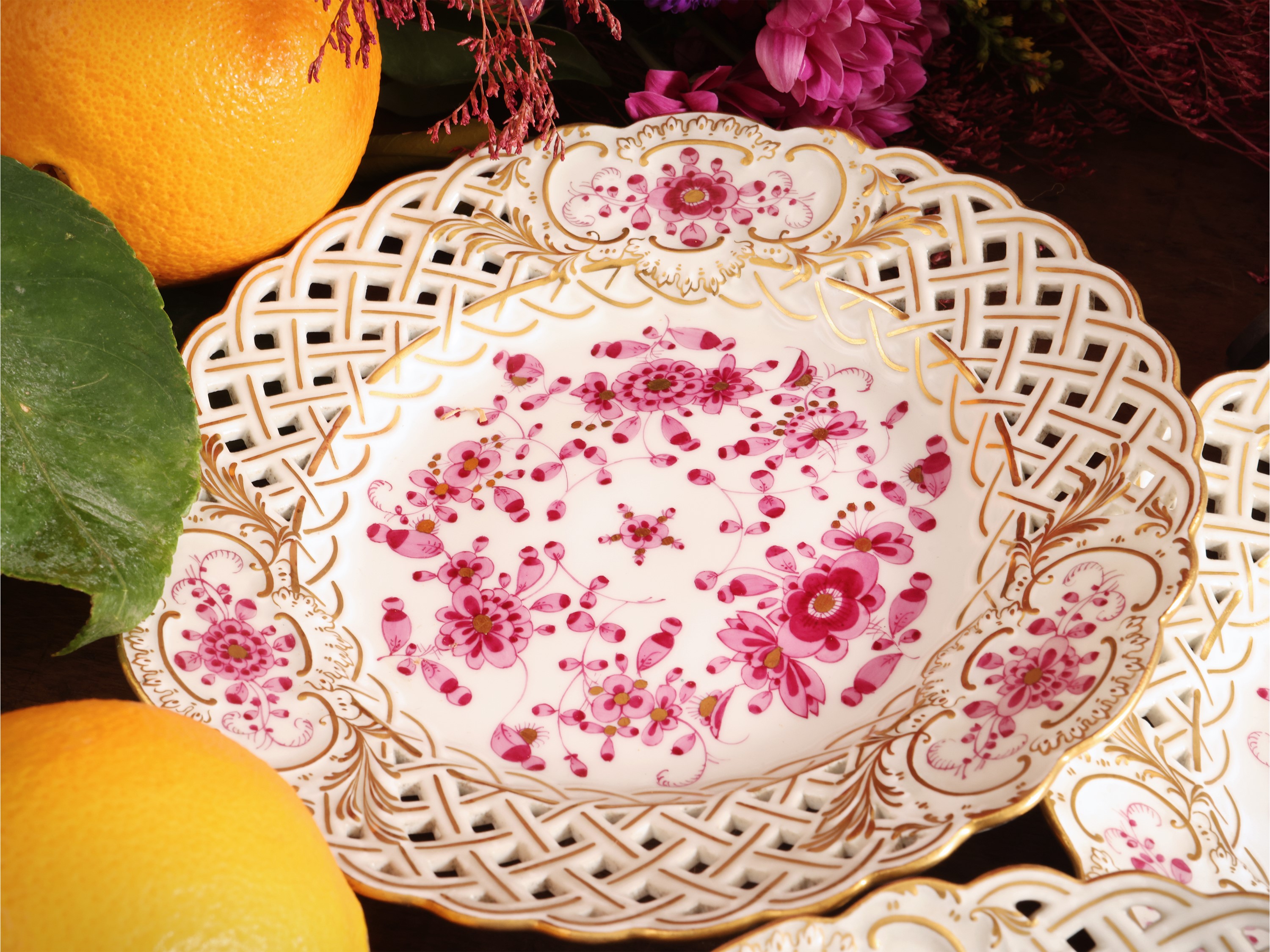 Serie di Sei Piattini da Dolce in Porcellana, Decoro Indische Blumen, Meissen