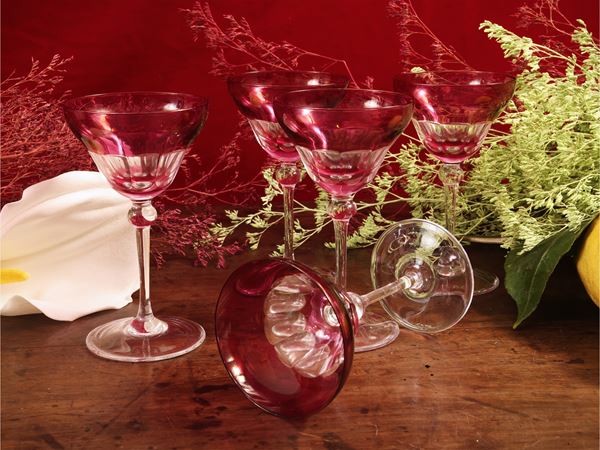Serie di dodici calici da vino in cristallo doppio color rubino, Locchi Firenze