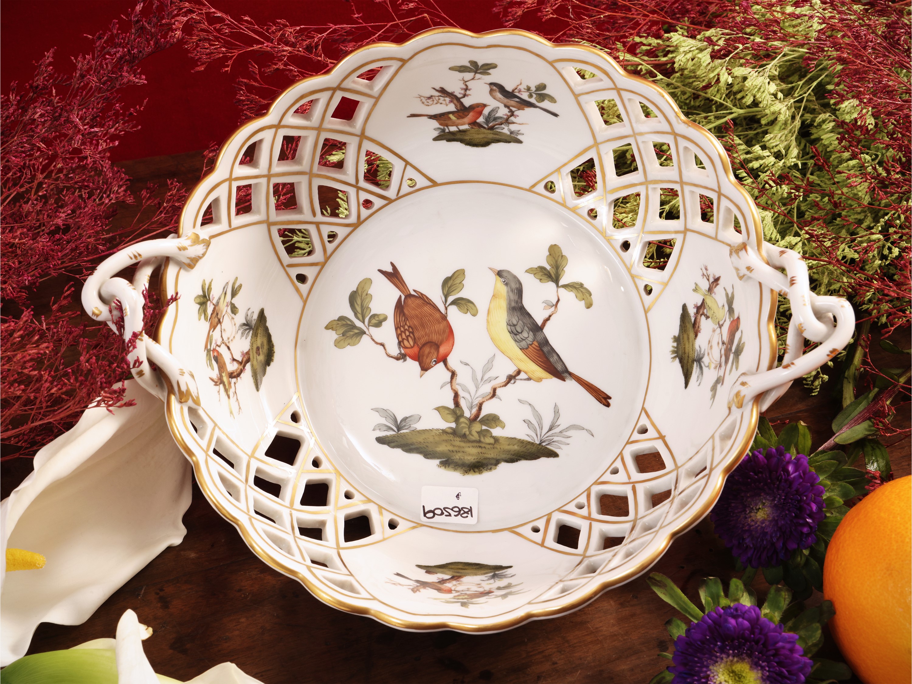 Cestino Centrotavola in Porcellana, Decoro Rothschild Bird, Herend
