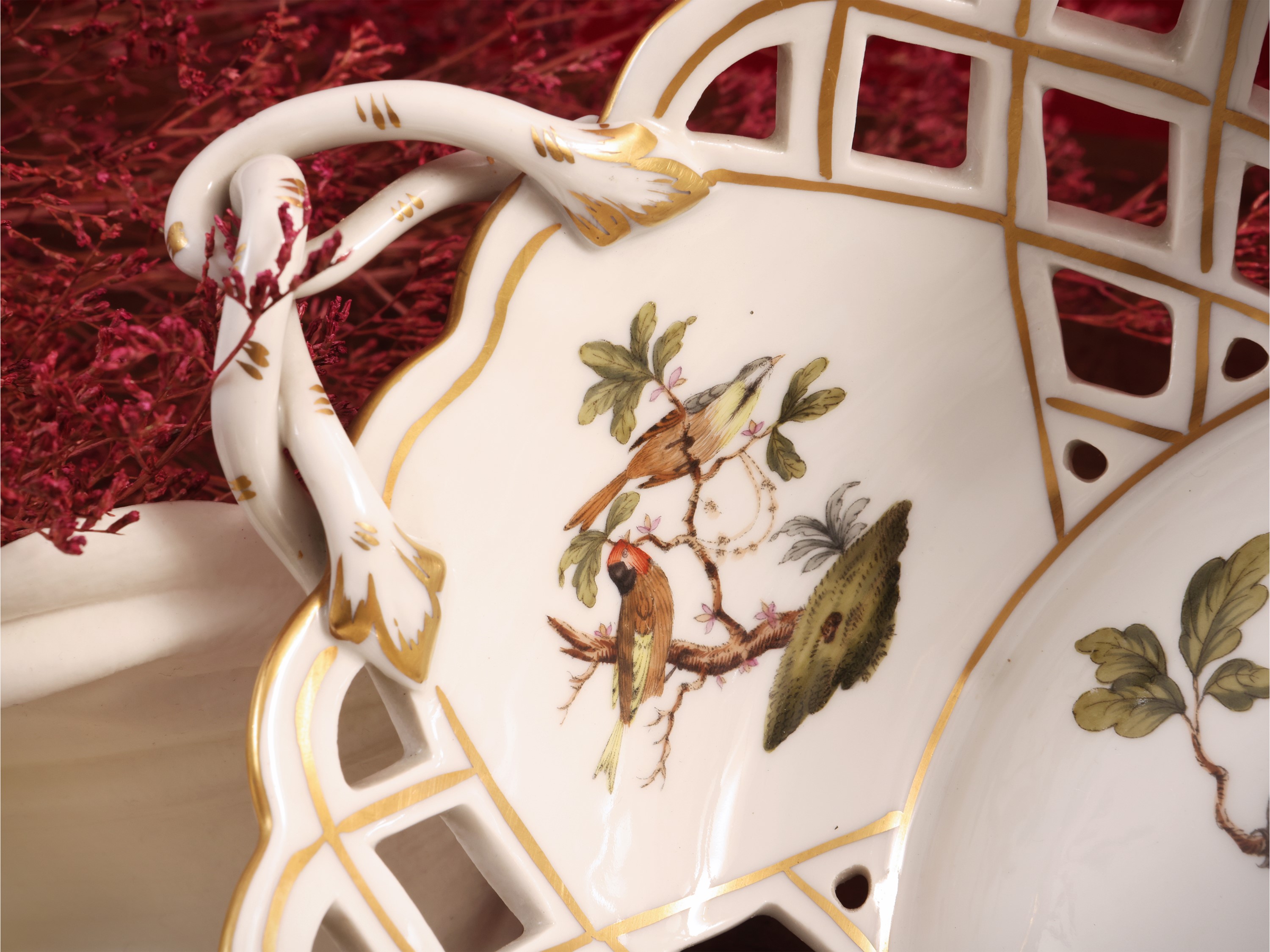 Cestino Centrotavola in Porcellana, Decoro Rothschild Bird, Herend