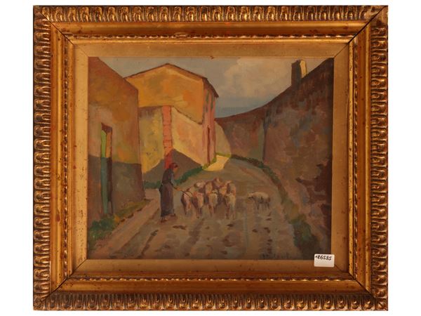 Town street with farmer and herd
