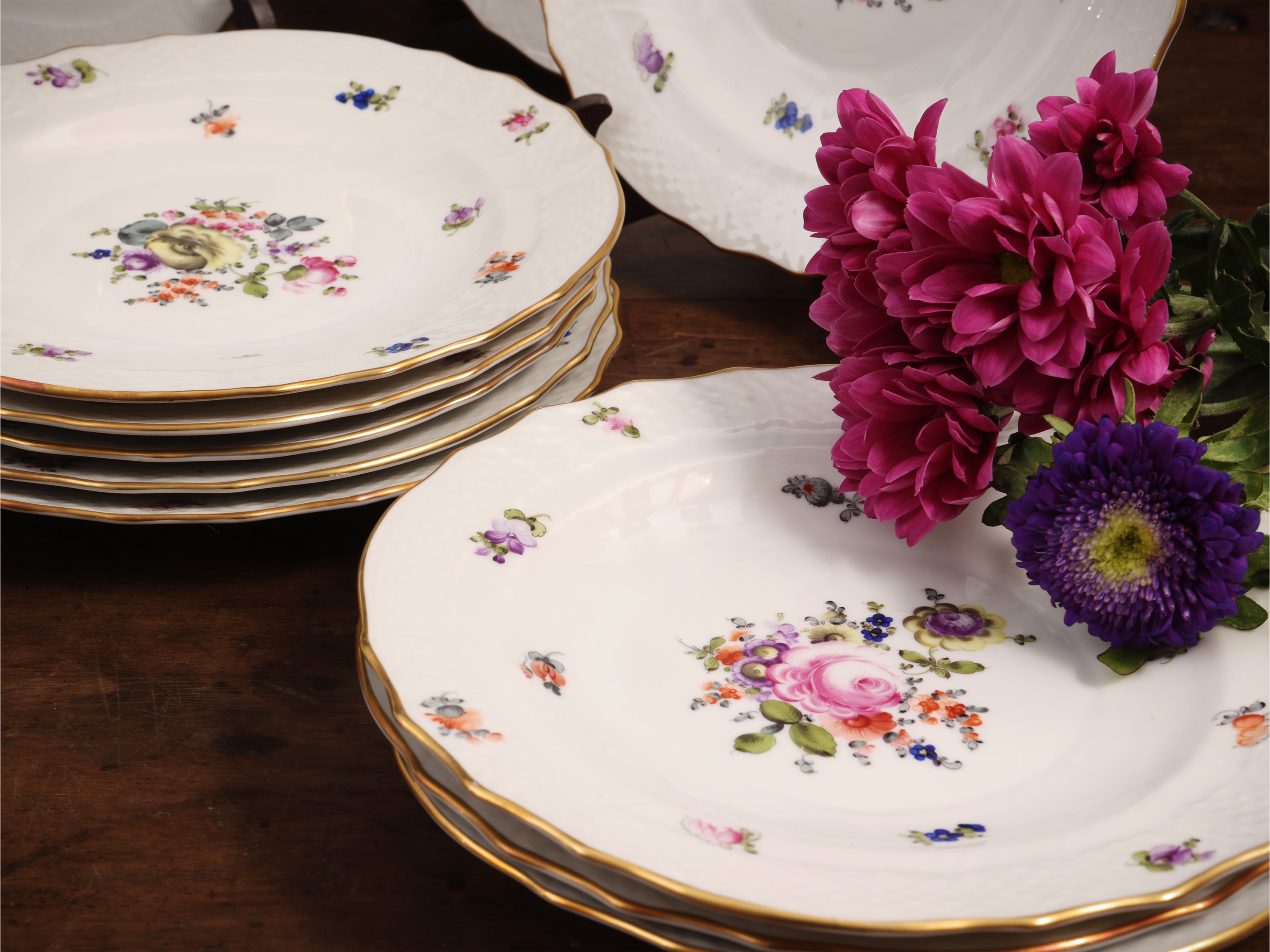 Set da Merenda in Porcellana, Decoro Bouquet De Saxe, Herend