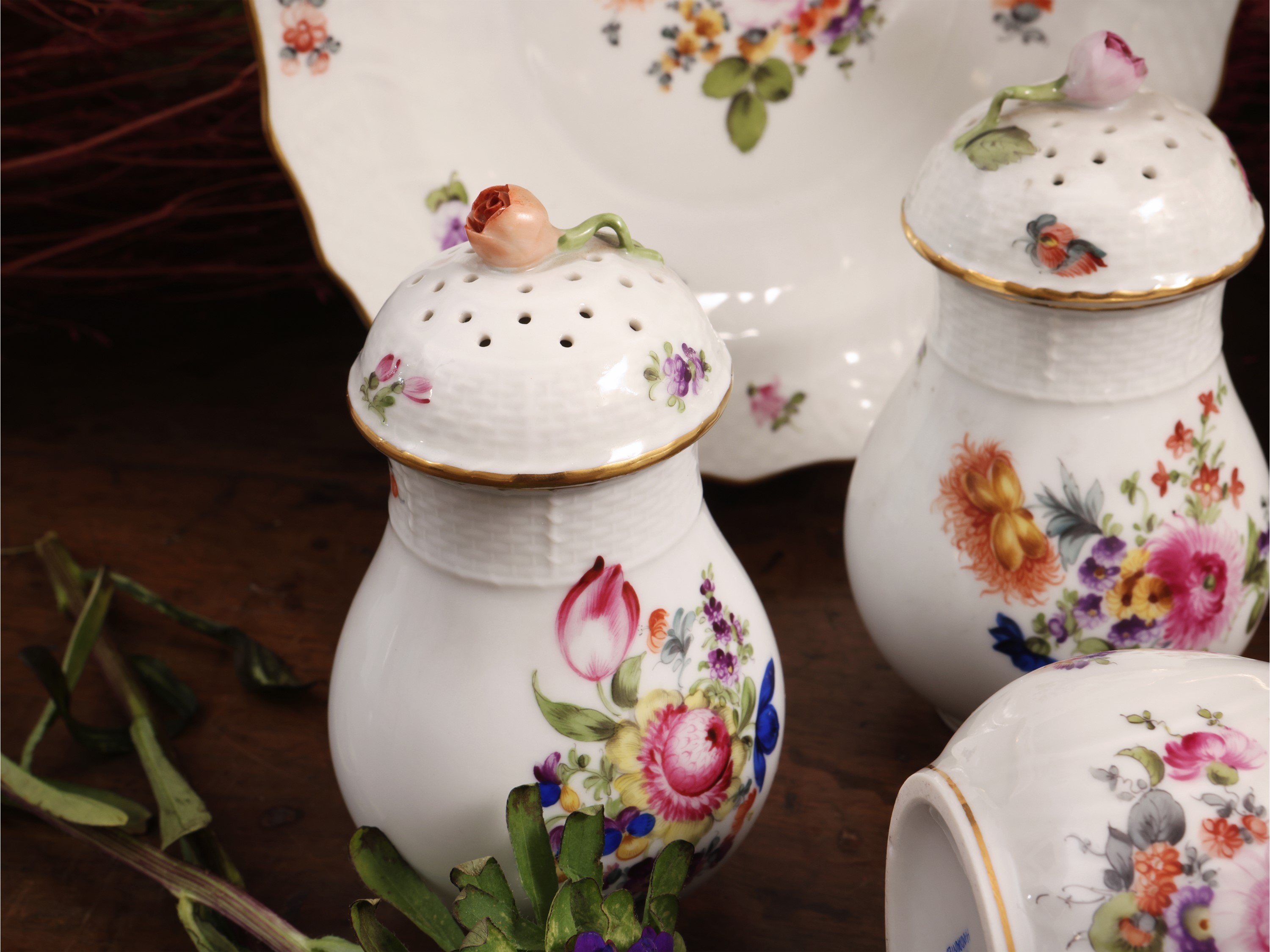 Set da Merenda in Porcellana, Decoro Bouquet De Saxe, Herend