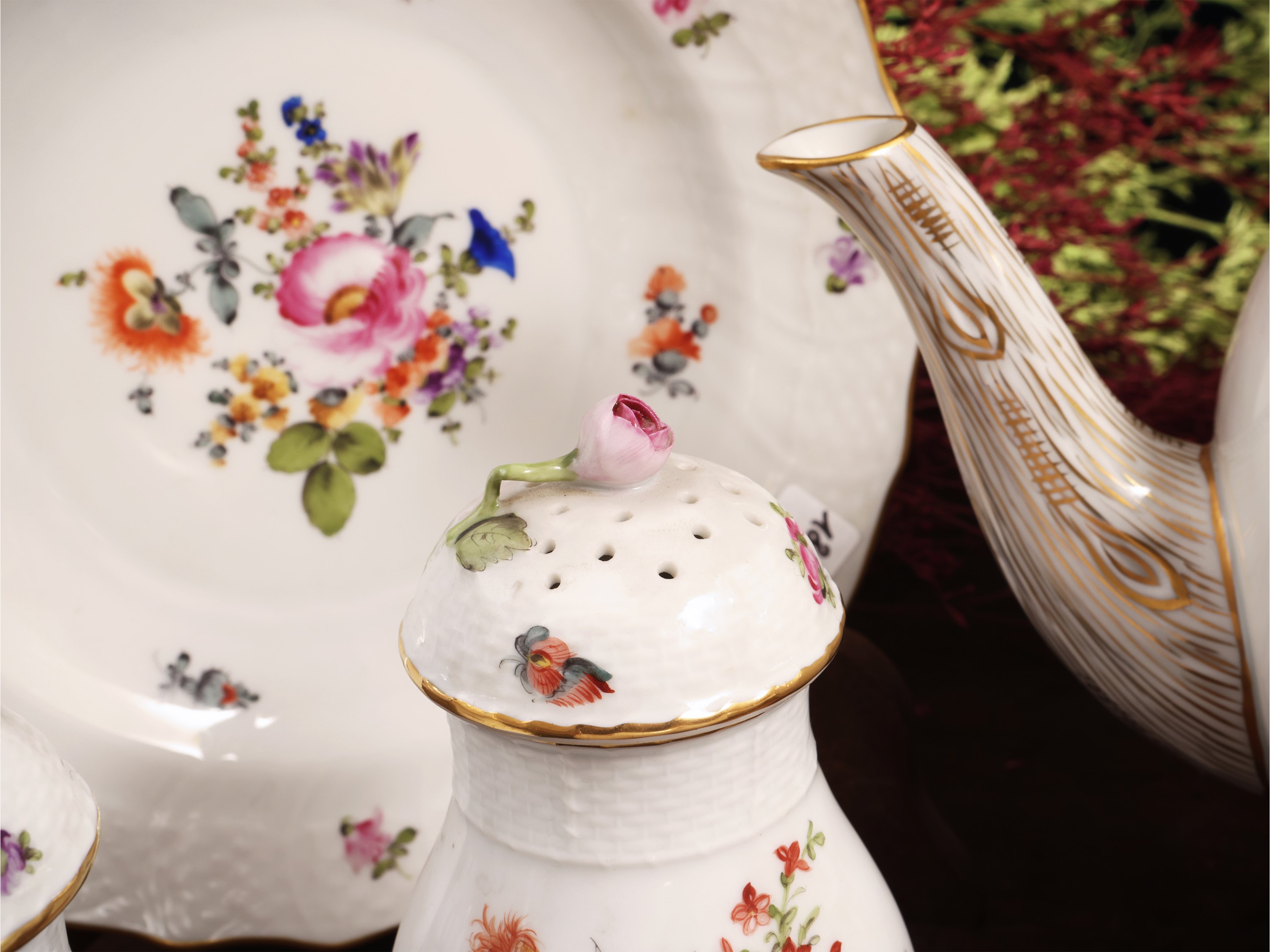 Set da Merenda in Porcellana, Decoro Bouquet De Saxe, Herend