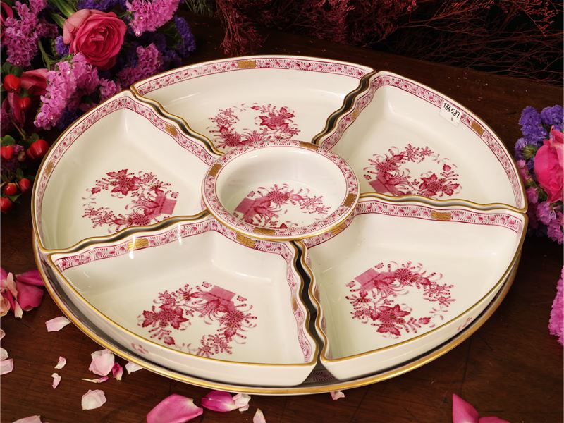 Antipastiera Centrotavola in Porcellana, Decoro Indian Basket, Herend