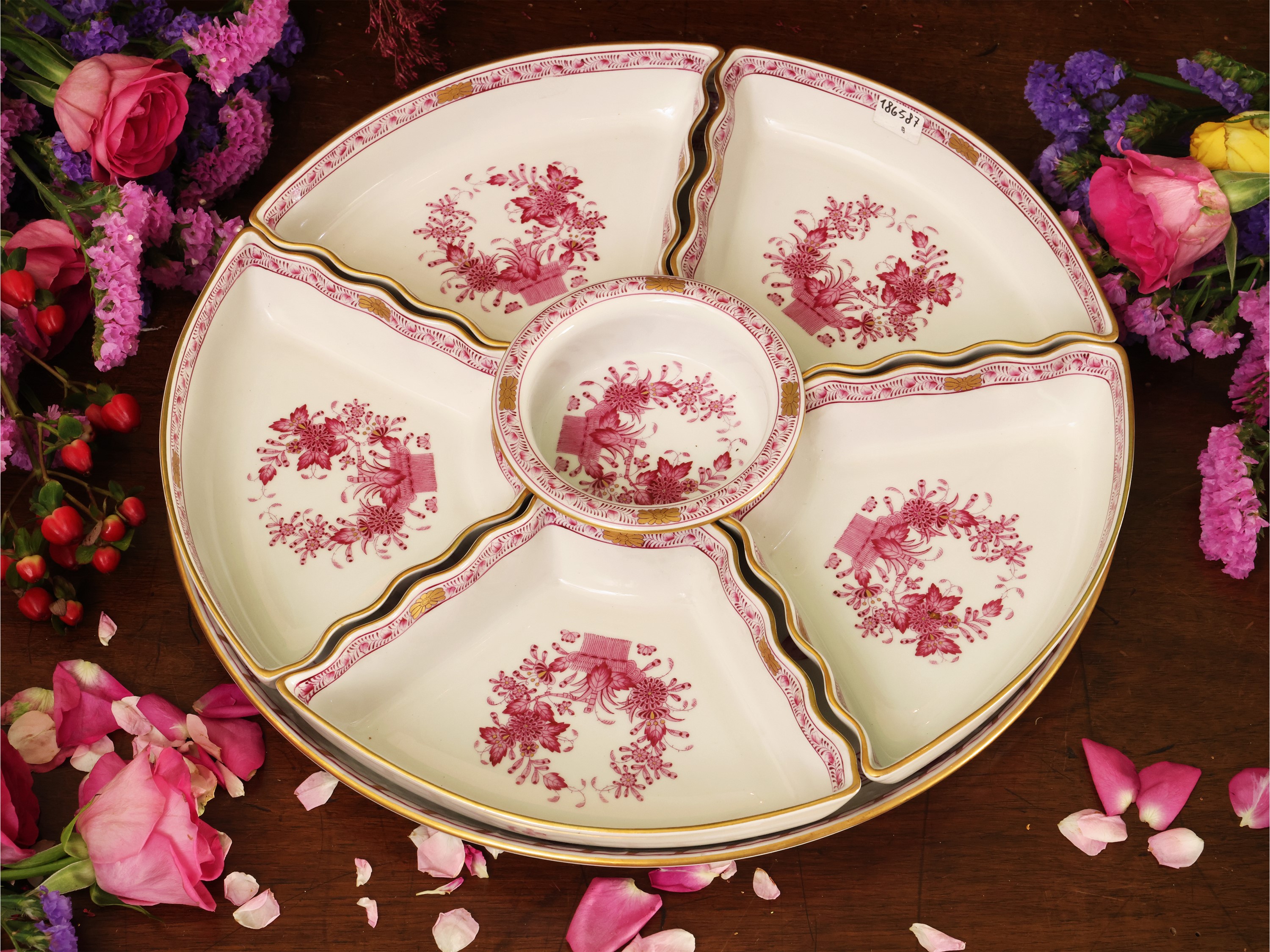 Antipastiera Centrotavola in Porcellana, Decoro Indian Basket, Herend