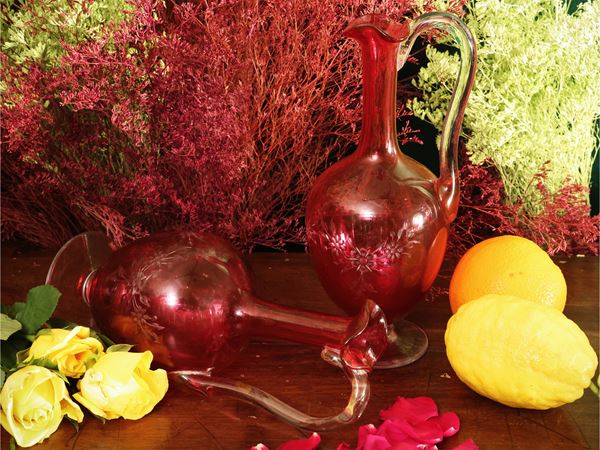 Coppia di caraffe da vino in cristallo rosso Baccarat