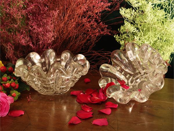Coppia di piccoli vasi in vetro soffiato trasparente, Barovier