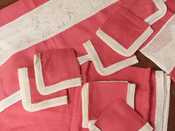 Raspberry colored linen blend tablecloth
