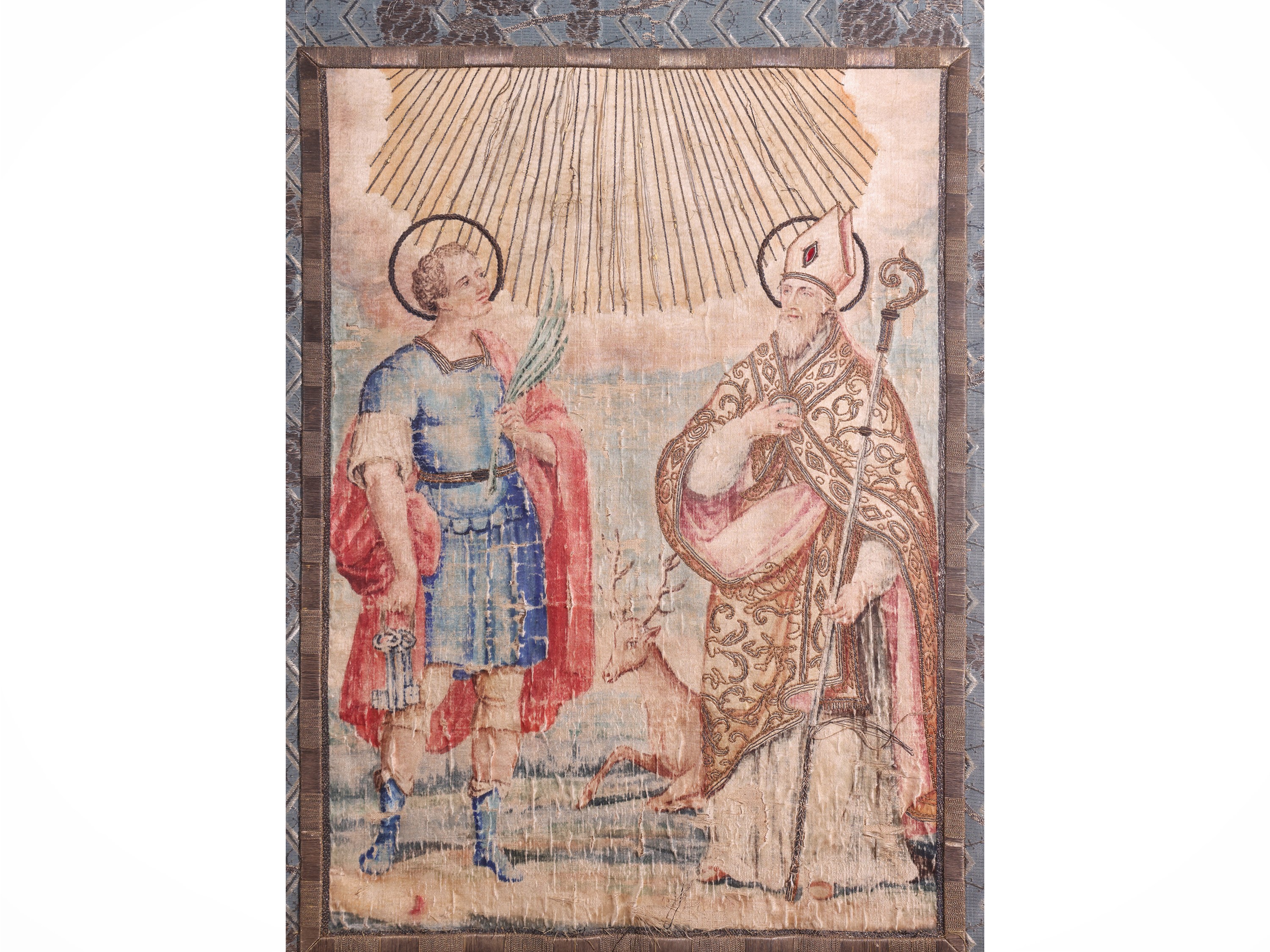 Stendardo processionale raffigurante Sant’Eustachio e Sant’Agostino, tessuto dipinto e ricamato i...