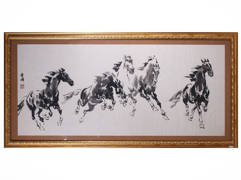 Cavalli, dipinto orientale a china su carta in cornice