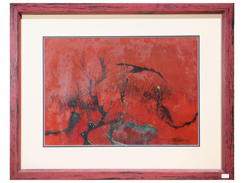 Attilio Ferracin - Tramonto 1972, tecnica mista su carta di riso