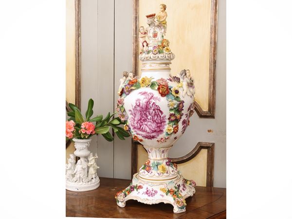 Pair of large polychrome porcelain potiche vases, Ludwigsburg