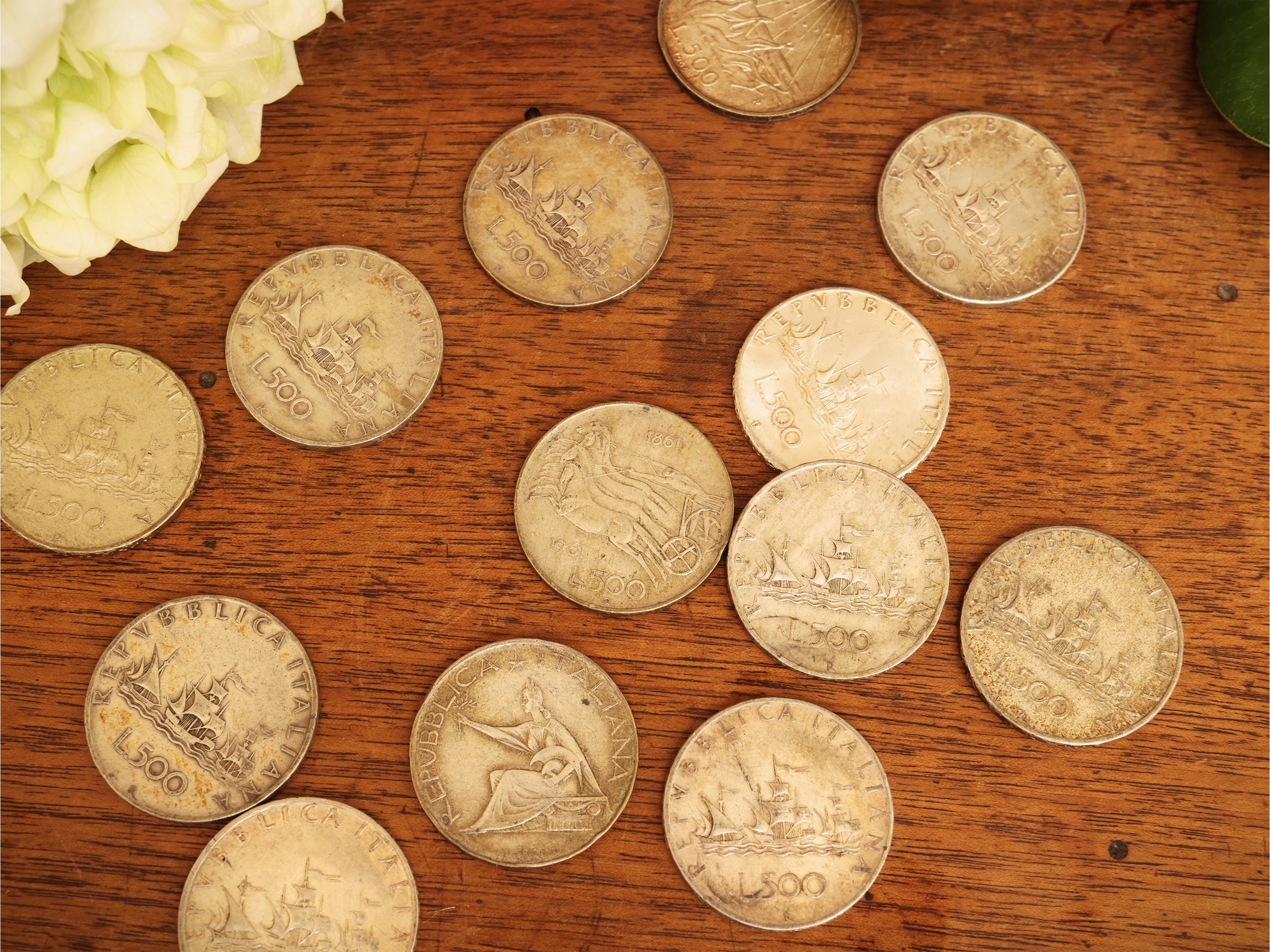 Tredici monete da 500 Lire (lotto di monete, peso totale 140 g)