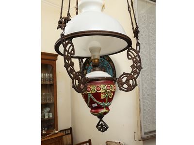Lampadario in metallo e ceramica, fine XIX secolo