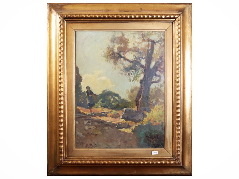 Cafiero Filippelli - Scorcio di strada campestre con contadina (1931), olio su tavoletta